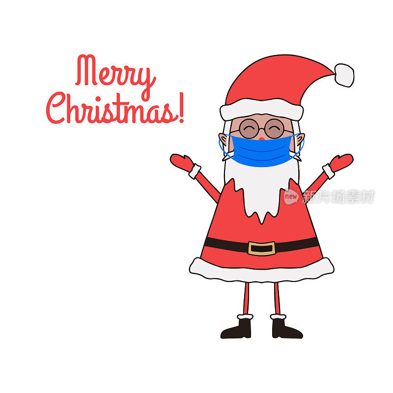 Christmas greeting card with cute Santa Claus in medical mask and copyspace.